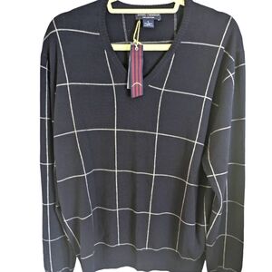 New...David Cremieux 100% Merino Wool Navy Windowpane  Sweater...Size Large